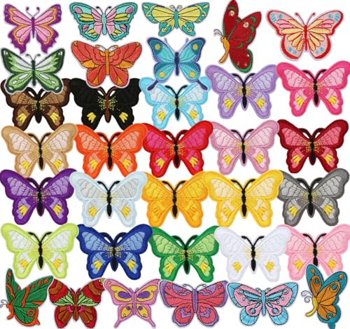 34 PCS Random Assorted Butterfly Iron on Patches Multicolor Embroidered Butterfly Applique Sew on Patches for Coat Hat Pants Clothes Uniforms DIY Decoration Backpacks Jeans Bags Jackets