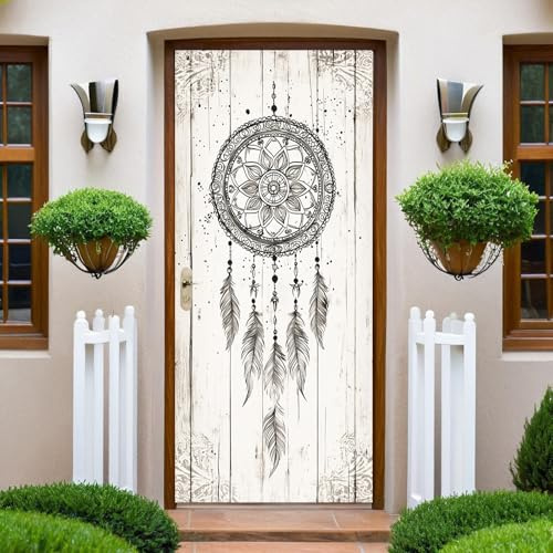 Tuschemalerei Türtapete Selbstklebend Feder-Mandala-Muster Türposter Fototapete PVC Türaufkleber Türfolie Türtattoo 95x210 cm für Schlafzimmer Badezimmer Wohnzimmer Küche Toilette