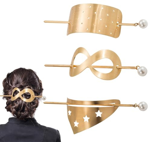 NICENEEDED 3PCS Irregular Triangle Alloy Hair Cuff, Hair Stick Hairpin Minimalist Hair Clip, Retro Metal Bun Holder Vintage Bun Cage for Women(Gold)