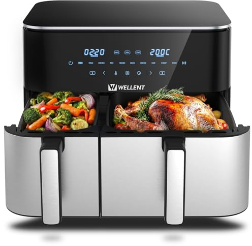 WELLENT - Friggitrice ad aria calda XXL, 11 l, 2 camere (4 + 7 l), 2600 W, 10 in 1, doppia camera con funzione Match&Sync, friggitrice ad aria calda a doppia zona, con touch screen, promemoria di