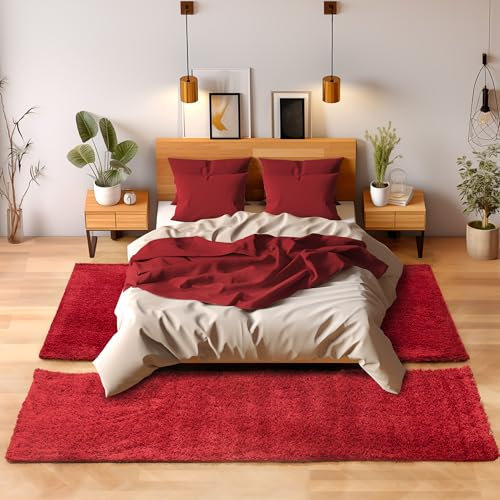Unbekannt Shaggy Hochflor Teppich Carpet 3TLG Bettumrandung Läufer Set Schlafzimmer Flur, Farbe:Rot, Bettset:2x60x110+1x80x150