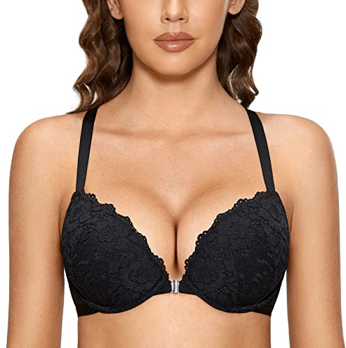 DOBREVA Women's Push Up Bra Support Racer Back Front Fastening Lace Padded Plunge Underwired Bra Black 36DD
