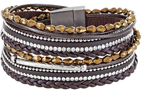 StarAppeal Armband Wickelarmband mit Perlen, Strass, Ketten und Flechtelement, Magnetverschluss Silber Matt, Damen Armband (Braun)