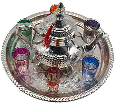 Service à thé modèle Maroc, théière 1 litre + plateau 38 cm de diamètre et 6 verres typiques en verre. Modèle : Tache.