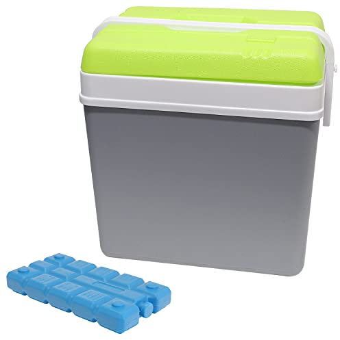 Large 24L Insulated Cooler Box Camping Drinks Ice Festival Beach Picnic Travel (Grey Cool Box & Ice Blocks)