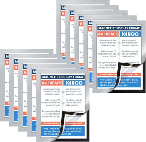 VAIIGO A4 Cadre Magnétique, Cadre d'information, Autocollant de Fermeture magnétique pour Documents, Photos, Sachet de 10 Argent