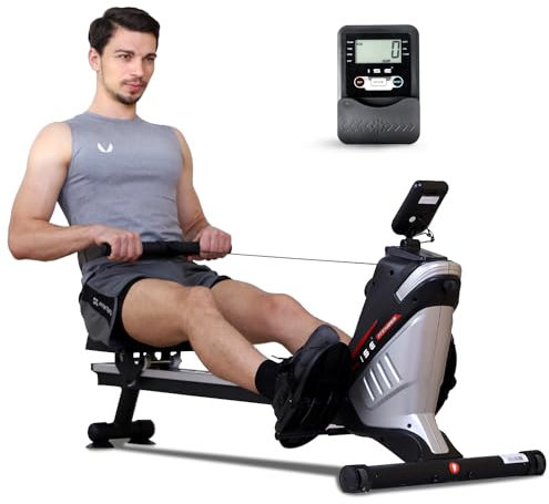 ISE Vogatore Pieghevole per Casa, Vogatore Magnetico&Vogatori 8 Livelli di Resistenza, Vogatore Professionale Guida di Scorrimento in Alluminio/Salvaspazio, Vogator per Casa Fitness Allenamento