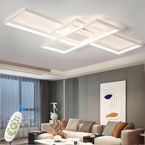 TJSC LED Deckenleuchte Dimmbar Modern Deckenlampe Wohnzimmer, Weiß Wohnzimmerlampe, Rechteckige Deckenstrahler Mit Fernbedienung, Schlafzimmer Energiespar Lampen für Schlafzimmer Wohnzimmer, 140cm