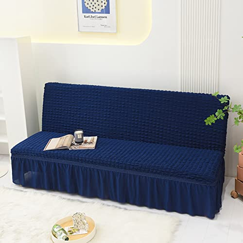 GUYIRT Einfarbige armlose Sofabett-Abdeckung Polyester Spandex Futon-Schonbezug mit elastischer Unterseite und Rock Anti-Rutsch-Schutz für Couch ohne Armlehne -blau-