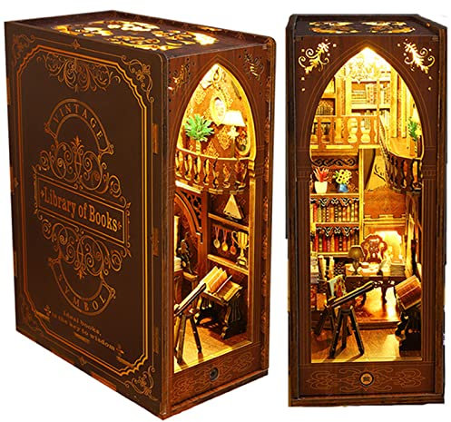 CUTEROOM DIY Book Nook Kit - 3D Holz Puzzle Book Nook Bücherregal Einsatz mit Möbel und Spieluhr, DIY Miniatur Puppenhaus Kit, Modellbausätze für Erwachsene zum Bauen