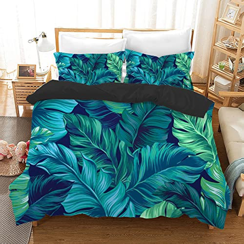 MIQEBX Tropical Feuille Housse de Couette Parure de Lit en Microfibre Motif Feuilles de Palmier Vertes Housse de Couette avec Fermeture Éclair + 2 Taies d'oreiller 50x75 cm (Feuilles, 220x240cm)