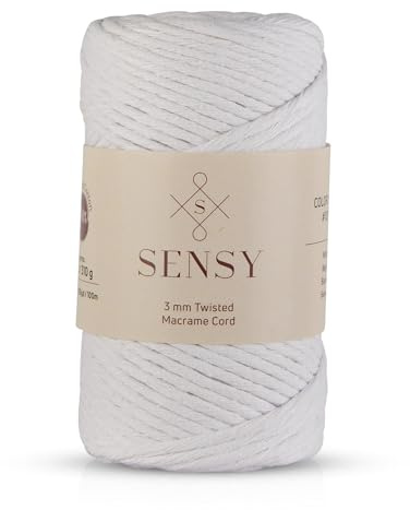 Sensy Premium Macrame Cord 3mm 109 Yards, 100% Cotton, Single Strand Twisted, Macrame Rope, Macrame String Cotton Yarn, Macrame Yarn (White)