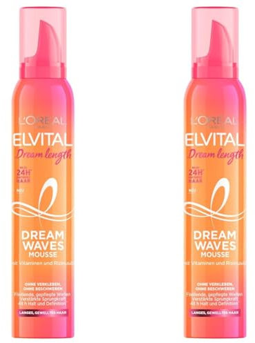 L'Oréal Paris Elvital Schaumfestiger für Locken und Wellen, Pflegender Haarschaum für langes, gewelltes Haar, 24h Duft, Mit Vitaminen und Rizinusöl, Dream Waves Mousse, 1 x 200 ml (Packung mit 2)