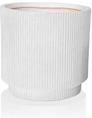 IDEALIST 24cm Small Outdoor Plant Pot | Ribbed White Reinforced Stone Flower Pot | Garden Planters with Drainage Holes D24 H24 cm, with Inner Top D20 cm, 6 litres