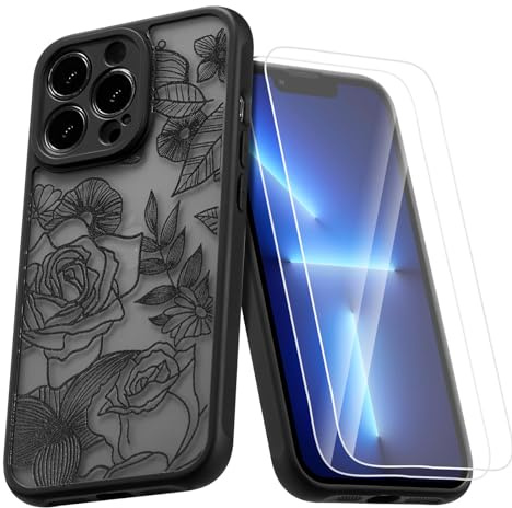 XIZYO Rose Flower Case for iPhone 14 Pro Max with Screen Protectors, Black | Cute Aesthetic Floral Pattern, Translucent Frosted Touch, Luxury Girly Design, Soft TPU, Slim Thin, Shockproof Anti-Yellow
