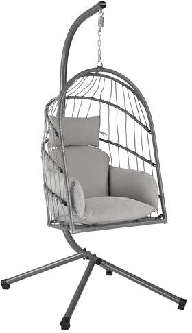 HinHocker sedia sospesa con sostegno | Grigio | Altalena per interni ed esterni | Poltrona e cuscino inclusi | Sedia in vimini, sedia sospesa per terrazza, cesto sospeso