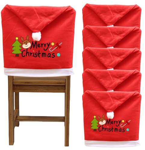 LEKEFETO 6 Stück Weihnachtsstuhlüberzug, Stuhlhussen für Weihnachten, Nikolausmütze Stuhlbezug, Weihnachtsdekoration für Stühle, Weihnachtsdeko für Stühle Überzieher, Stuhl für Weihnachten Dekoration