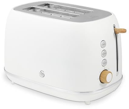 Swan ST19030WHT Fjord 2-Slice Toaster with 7 Browning Levels, Defrost/Reheat/Cancel, 800W, White & Wooden Accents