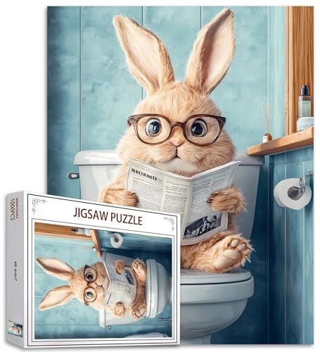 Kaninchen Sitzender Toilettensitz 1000 Stück Puzzles für Erwachsene Tiere Zeitungspuzzle Herausfordernde Familienaktivitätsspiele Buntes DIY Bastelpuzzle für Home Decor Geschenke