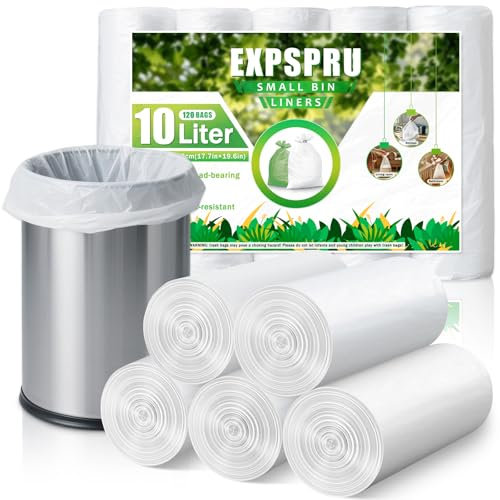 Expspru 10L Bin Bags Small Bin Liners White Pedal Bin Liners 120 Count Strong Wastebasket Trash Can Bags for Bathroom, Office, Kitchen, Bedroom