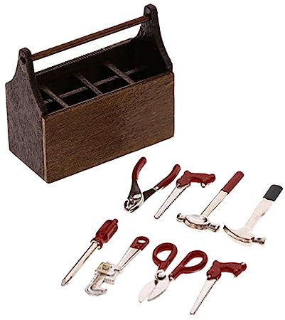 SOIMISS Miniatur Werkzeugkiste Puppenhaus Zubehör Mit Metallwerkzeugen Braune Holzbox Für Miniaturwohnraumdekoration Und Puppenhaus-szenen