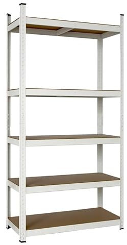 Bricodem Scaffale in Metallo Zincato e MDF Per Carichi Pesanti Portata 875 kg Con 5 Ripiani Regolabili da 175 kg Per Garage, Magazzini, Cantine 180x90x40 cm (Bianco)