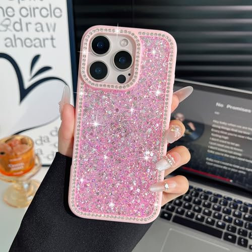 EYZUTAK for iPhone 14 Pro Max Case, Luxury Bling Shiny Glitter Sequin Phone Case with Sparkly Crystal Diamonds Rhinestone Border Aesthetic Cute Slim Soft Durable TPU Protective Cover for Women-Pink