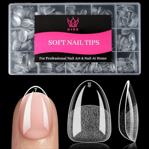 QIEK 240 Stück 15 Größen Nail Tips für Gelnägel Ultra Kurze Mandel Soft Gel Nageltips Full Cover Nail Tips Pre-Shaped Press On Nails Kein Feilen Erforderlich Fake Nagel Tips für Home DIY Nageldesign