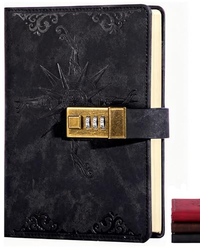 CAGIE Compass Leather Notebook A5 Journal With Lock for Men Hard Cover 160 Pages Lockable Diary Unlined Kraft Paper for Writing, Blank Travel Book Sketch Pad Black