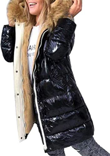 ORANDESIGNE Metallic Taschen Umlegekragen Langarm Warmer Glänzend Steppjacke Wintermantel Damen Mode D Schwarz M