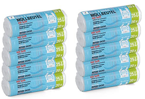 200 Stück Müllbeutel Premiumline: 25 Liter, 10er Pack, Größe: 53 x 54 cm - Besonders reißfest und wasserdicht - Mit Trage-Griff/Henkel