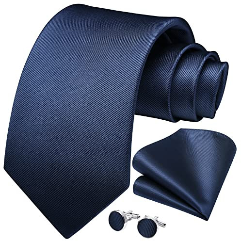 HISDERN Herren Hochzeit Navy blau Krawatten und Einstecktuch Solide Krawatte Manschettenknöpfe Set