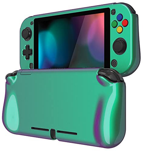 PlayVital ZealProtect Hülle für Nintendo Switch Lite, Case Hülle Schutzhülle Tasche Zubehör, Ergonomische Grip Joycon mit Schutzfolie&Joystick-/Tasten-Kappen für Nintendo Switch Lite(Grün Lila)