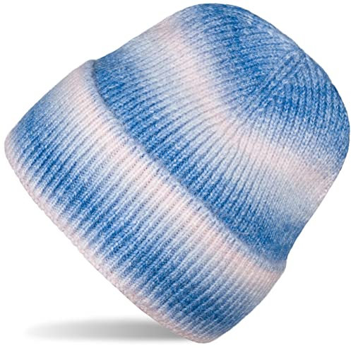 styleBREAKER Damen Strickmütze mit Streifen Farbverlauf im Ombré Look, Feinstrick Mütze, Strick Beanie 04024199, Farbe:Blau-Rose