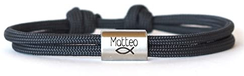 Personalisiertes Surfer Armband mit Fisch Symbol und persönlicher Namensgravur Konfirmation Kommunion Taufe Weihe Edelstahl Jungs Mädchen