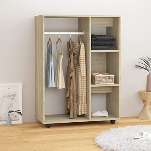 Tidyard Kleiderschrank mit Rollen Kleiderständer Schrank Kleiderstange Garderobenschrank Regal Offen Holzwerkstoff Sonoma-Eiche 80x40x110 cm