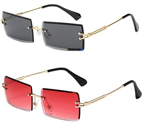 YUELUQU Retro Rahmenlose Sonnenbrille für Damen Herren Mode Retro Rechteck Brille Quadratische durchsichtige Sonnenbrille (B-schwarz+rot)