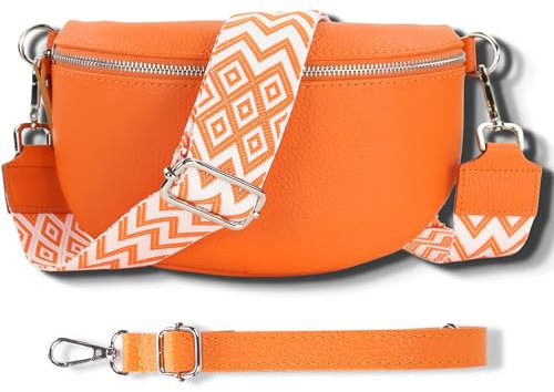 Blade Bauchtasche Damen Echtleder, stylische Gürteltasche Damen mit 2 gemusterten und Leder abnehmbaren & verstellbaren Breiten Gürteln, Crossbody Bag Damen, Hochwertige Tasche für Frauen-ORANGE