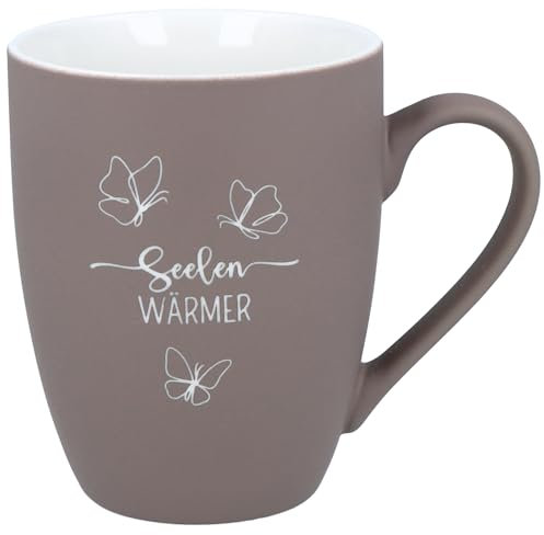 Spruchreif | Soft-Touch Tasse Taupe Seelen Wärmer – Beidseitig gravierte Tasse mit liebevollem Spruch | Geschenk für Herzensmenschen, Freunde & Familie | 350 ml