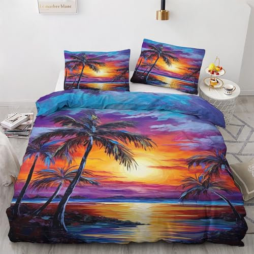 WQIZXCW Palmen Bettwäsche 135x200 - Hawaii Sonnenuntergang Strand Motiv, Weiche und Angenehme Microfaser Bettbezug Set 2 Teilig, 1 Kissenbezug 80x80, mit Reißverschluss, Wendebettwäsche & Zimmer Deko