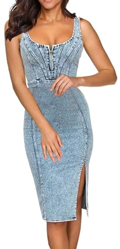Jeanskleid Damen Kurze U-Ausschnitt Denim Kleider Damen mit Reißverschluss Vorne Sommerkleid Ärmellos Träger Kleider Sommer Einfarbig Schick Sexy Kleid Schöne Eng Stilvoll Freizeitkleid