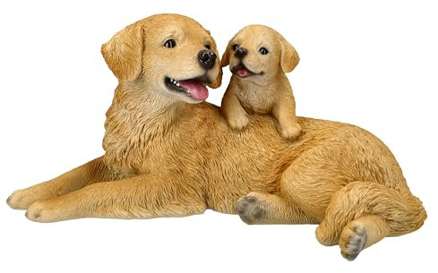 Figuren Shop GmbH Gartenfigur Golden Retriever mit Welpe – Lebensechte HotAnt Hundefigur, 30 cm Breite, wetterfest & handbemalt