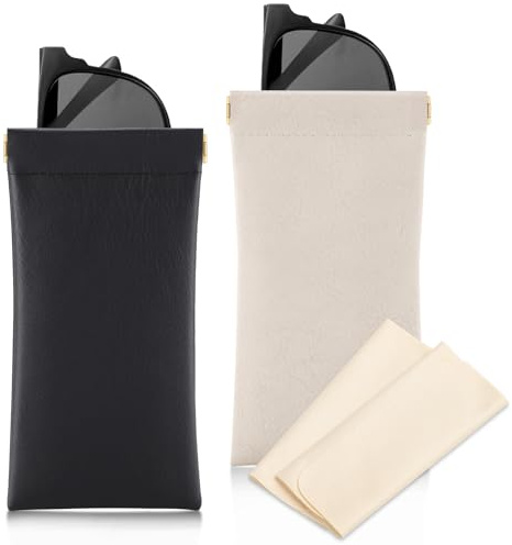 Etercycle Soft Eyeglass Case, 2 Pcs Travel Sunglass Cases for Women Portable Squeeze Top Leather Glasses Bag