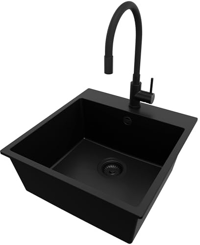 PRIMAGRAN Granitspüle ab 50er Unterschrank + Küchenarmatur, 48x50cm | Set: Küchenarmatur BW6020 + Ablauf-Set (Siphon, Ablaufgarnitur, Überlauf) + Spülbecken 1 Becken - Riga, Alles Schwarz