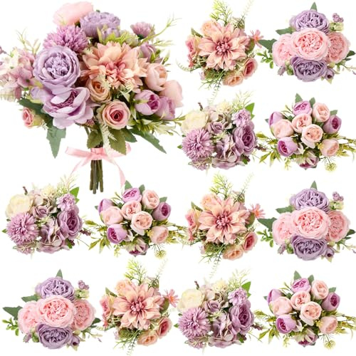 Zeyune Künstliche Pfingstrosen, künstliche Seidenrosen, künstliche Dahlie, künstliche Kamille, Hortensien, Blumenstrauß für Vase, Zuhause, Hochzeit, Tafelaufsatz, Party-Dekoration (Lavendelrot
