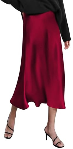 Zeagoo Dam elegant satinkjol hög midja elastisk midi sidenkjol med dragkedja S-XXL, Vinröd, M
