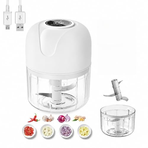 Electric Mini Food Chopper, 100ML+250ML Cups, Cordless Rechargeable Mini Onion Veg Cutter, Garlic Press Crusher, Portable Small Vegetable Processor for onion, garlic，Meat, Chili (White, 100ML)
