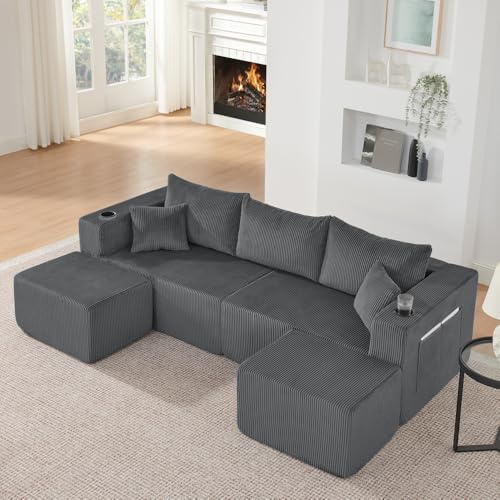 Sapgaks Sofá de esquina convertible de 4 plazas, sofá de 4 plazas, sofá de 4 plazas, comprimido con pufs móviles, tela de pana suave, portavasos, bolsillo lateral y cojín (gris-1)