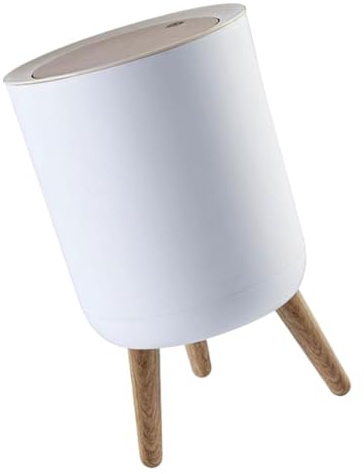 MAGICLULU Poubelle à Couvercle Basculant Blanche 7 L avec Pied Haut Effet Bois en Plastique, Ouverture par Pression, Poubelle Ménagère Cuisine et Buanderie, Corbeille à Déchets Compacte
