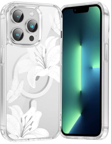 Vxinvnoi Handyhülle Magnetisch für iPhone 13 Pro Max Hülle, Aesthetic Blumen Lilien Schmetterlinge Muster Transparent Schutzhülle Kompatibel mit MagSafe, Klar Case für iPhone 13 Pro Max 6,7'' - Weiß
